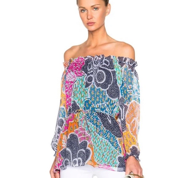 Diane Von Furstenberg 'camila' Print Off The Shoulder Silk Top In Flower Size 14